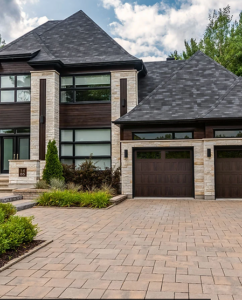 A beautiful American home with double garage doors